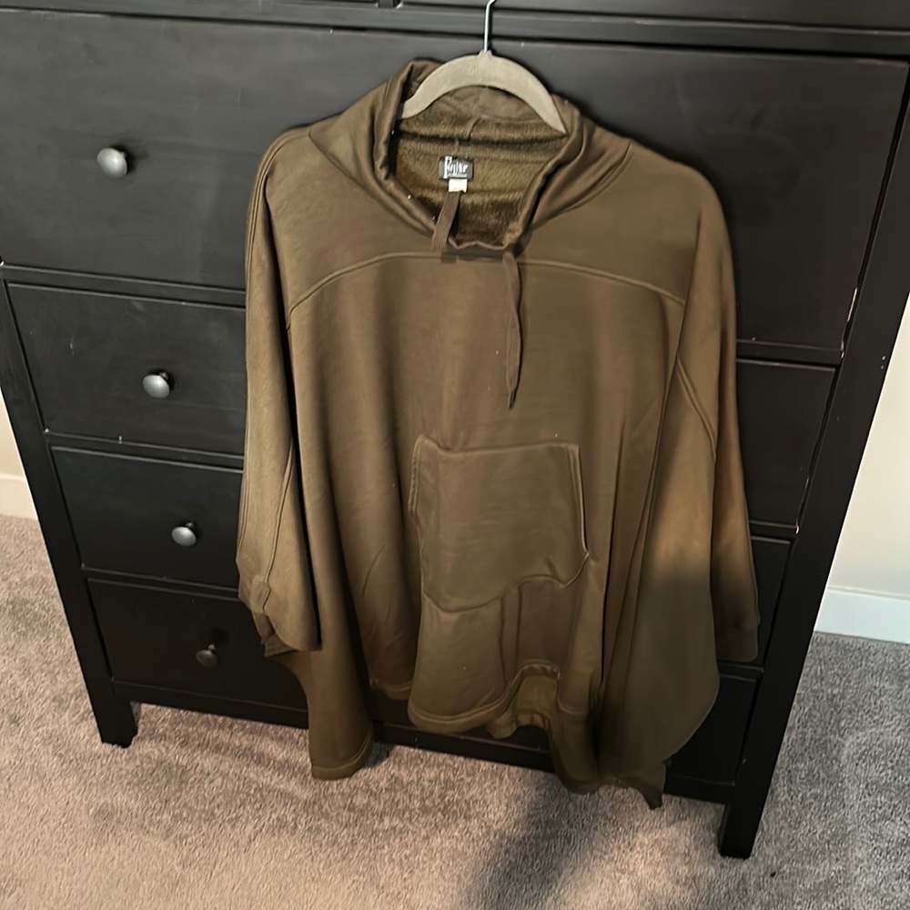 Olive green Pancho shirt sleeves, and front hooded pocket cowl neck
